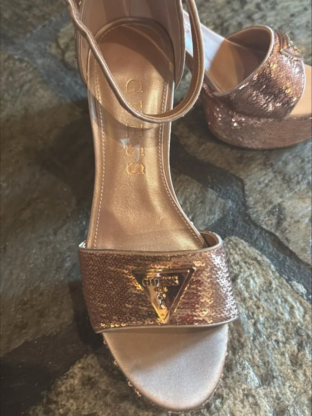 GUESS Rose Gold Sequin Platform Block Heels Size 8.5